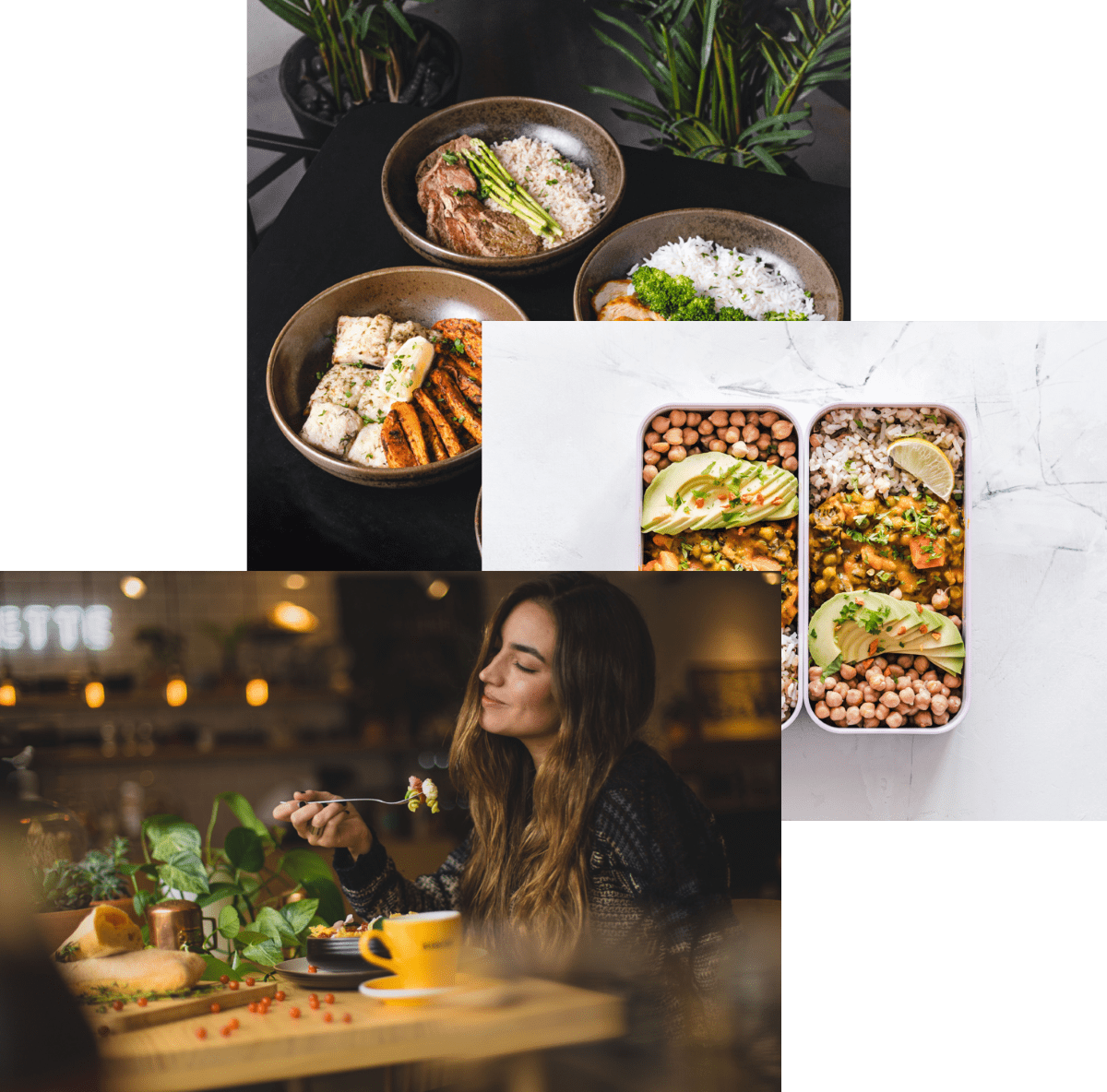 three images with healthy food and a woman eating food