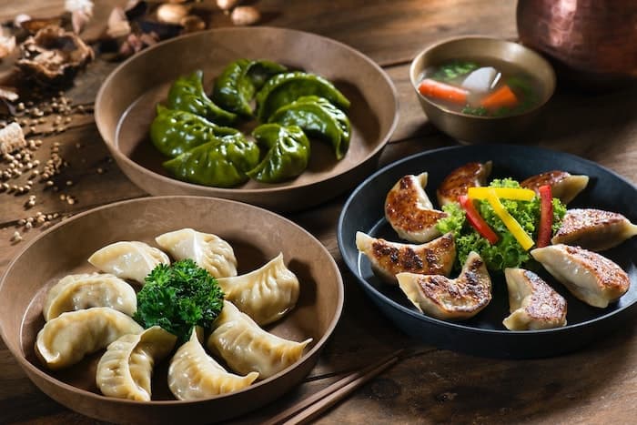 Japanese gyozas with vegetables and rice